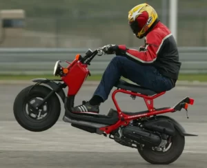 Red Honda Zoomer with a man riding doing a Wheelie