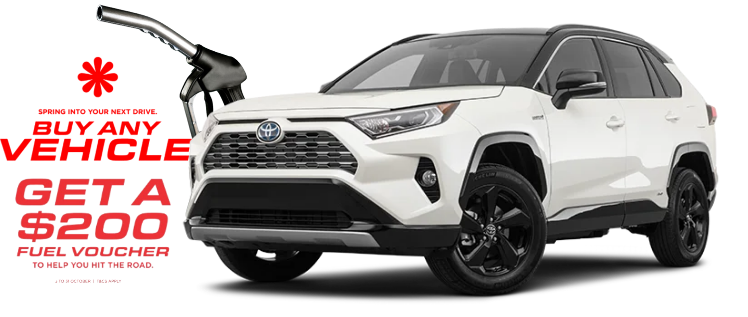 White Toyota Rav4 with Davey Motor Group's spring deal of a $200 fuel voucher with each vehicle sold